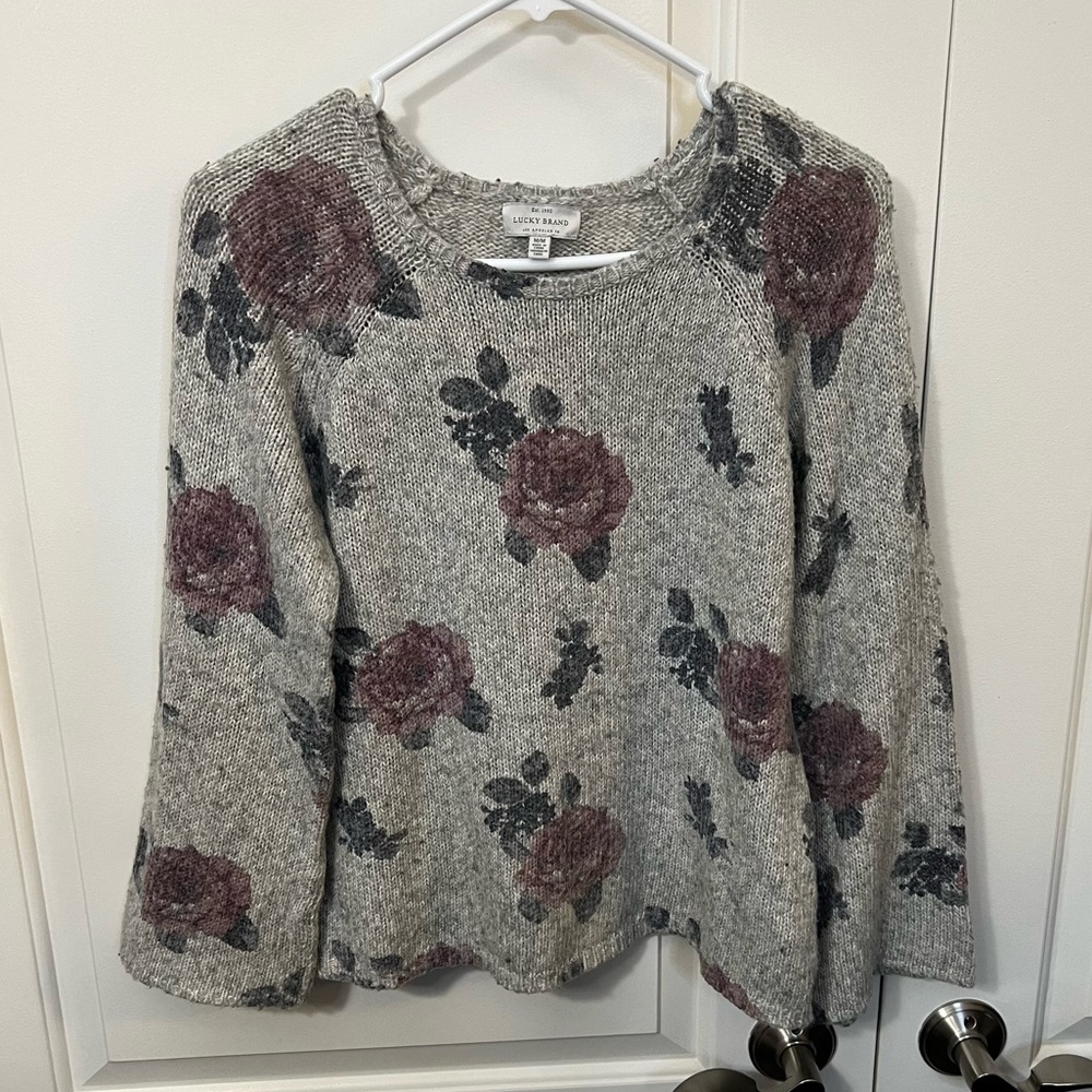 Lucky Brand Blend Scoop Neck Floral Bell Sleeve Sweater in Grey Size Medium